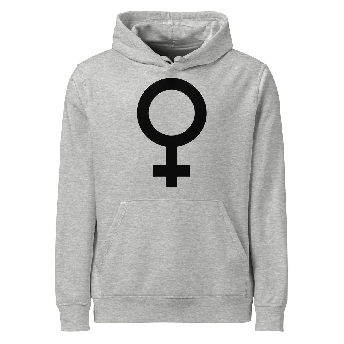 Hellgrauer Kapuzenpullover mit großer schwarzer Grafik (weibliches Symbol) vorn