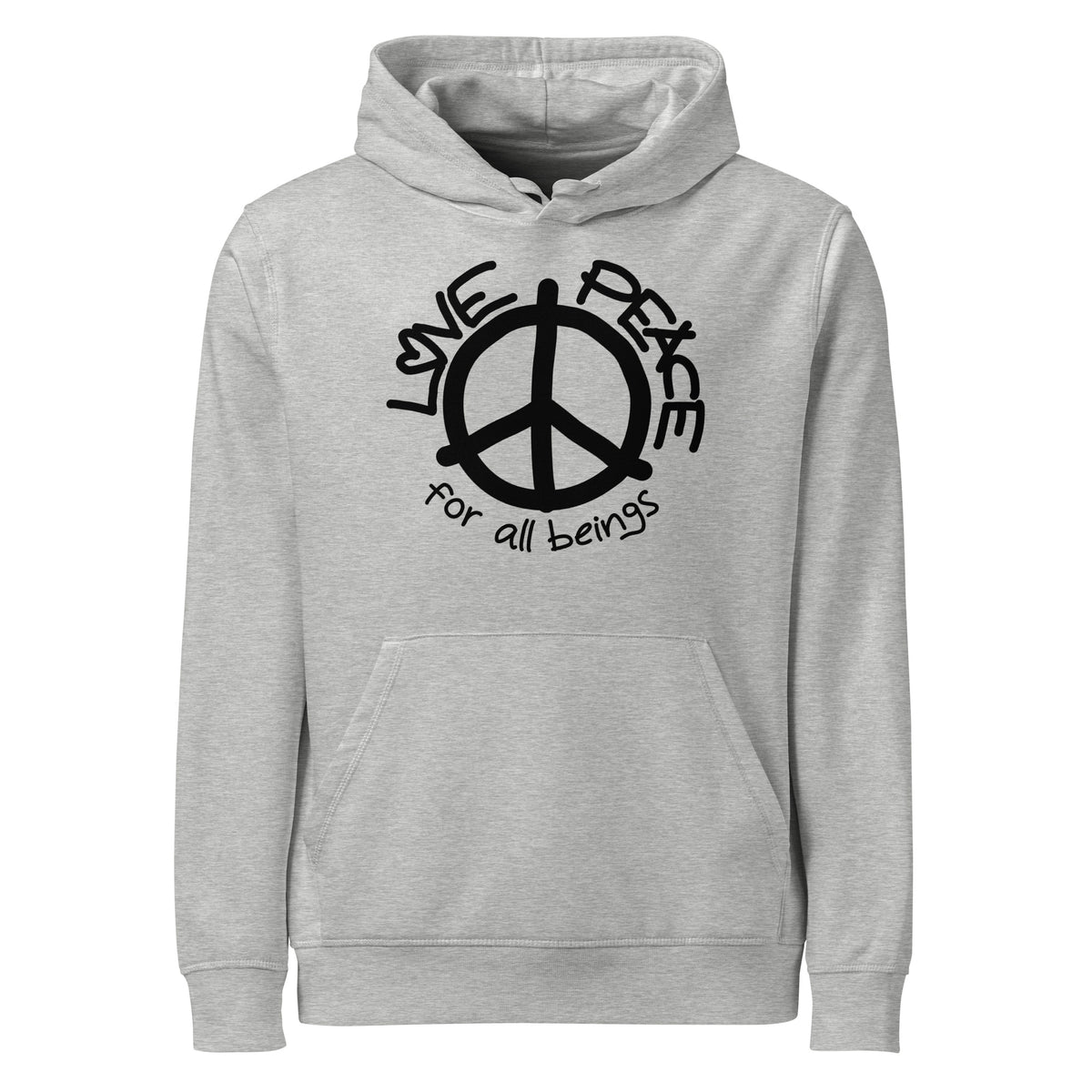 Hellgrauer Hoodie mit Kapuze, Kängurutasche und Peace-Symbol-Print