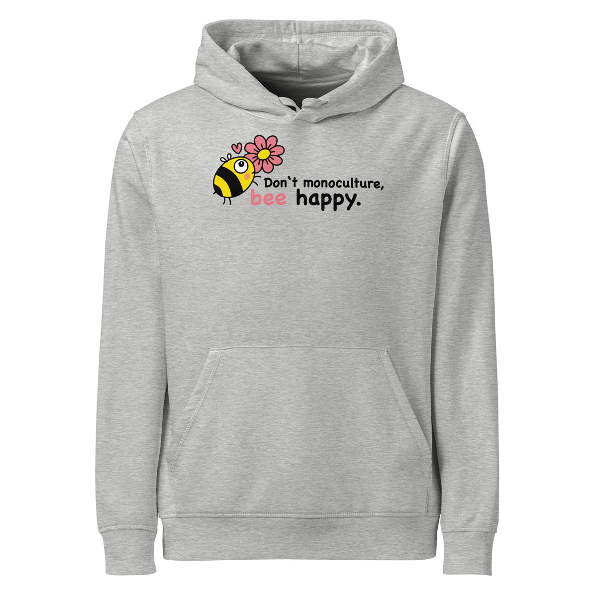 Hellgrauer Hoodie mit Kapuze, Kängurutasche und Bienen-Aufdruck.