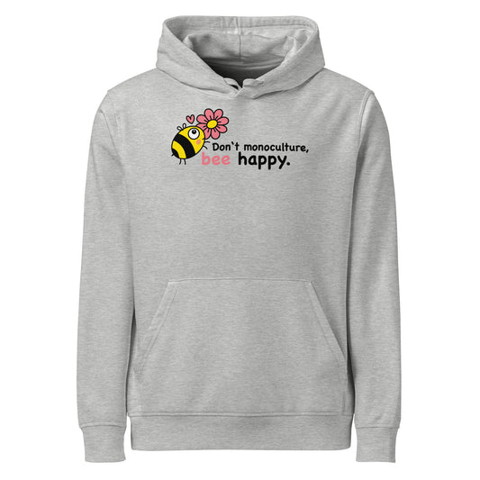 Hellgrauer Hoodie mit Kapuze, Kängurutasche und Bienen-Aufdruck.