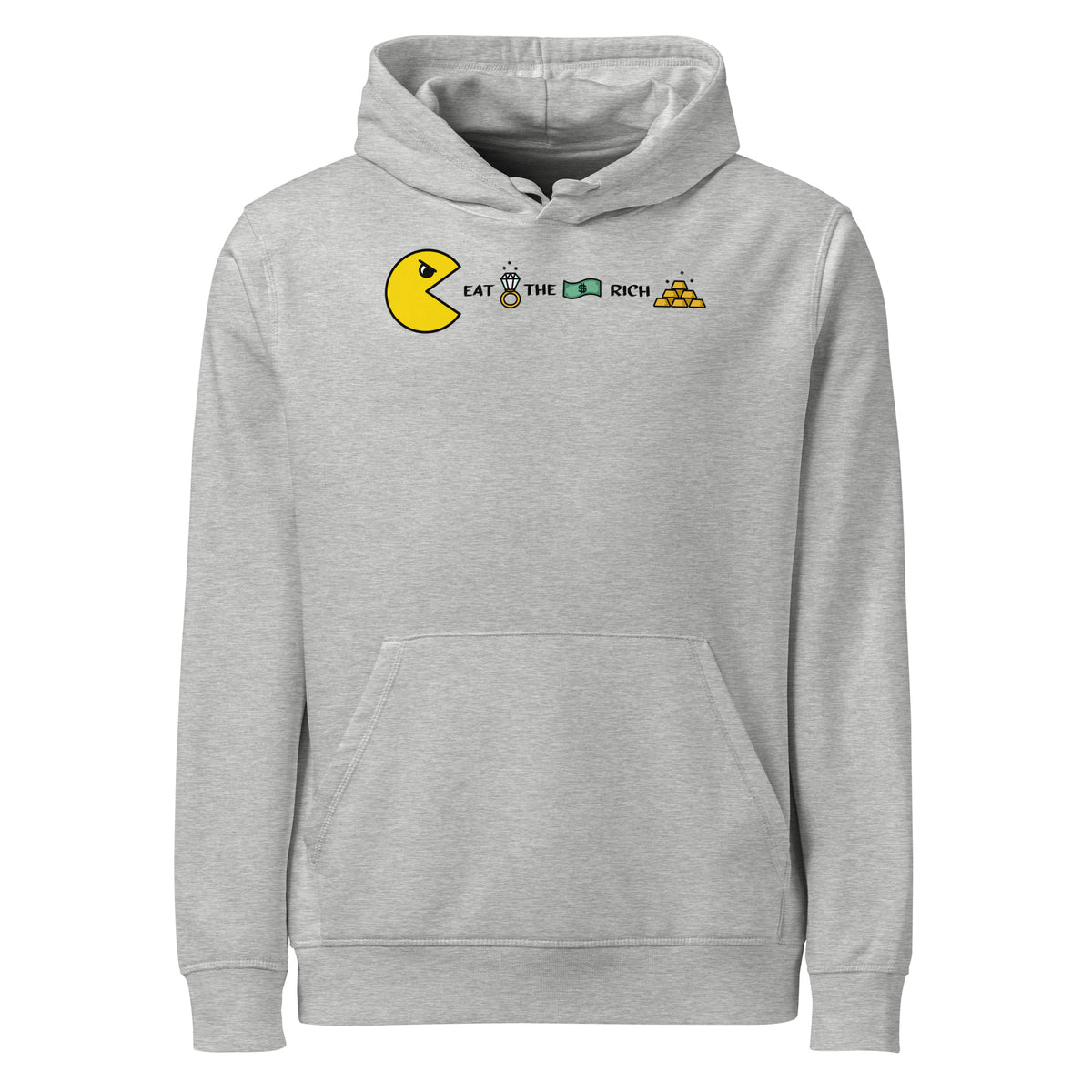 Hellgrauer melierter Hoodie mit Kapuze, Kängurutasche und „Eat the Rich“-Aufdruck