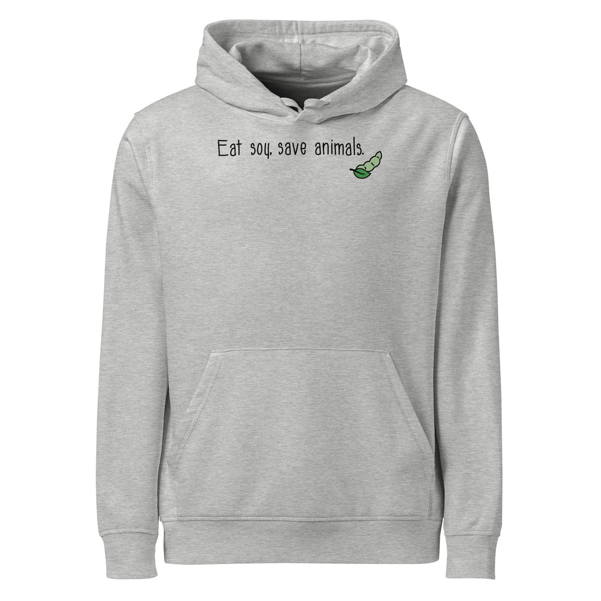 Heathergrauer Hoodie mit Kapuze, Kängurutasche und grünem Schriftprint „Eat soy save animals“
