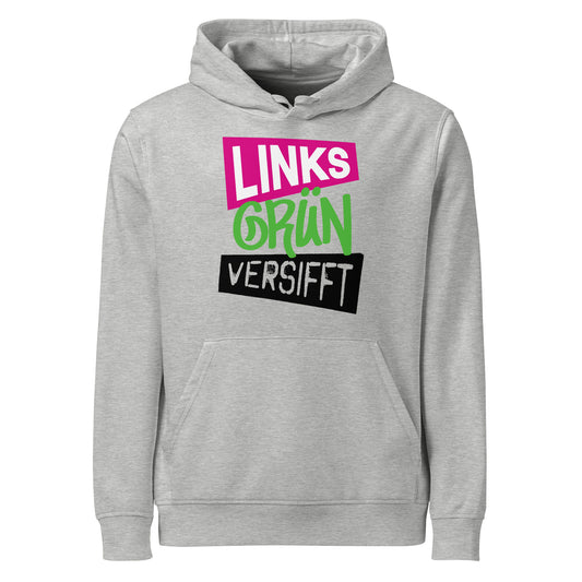 Grauer Hoodie mit Kapuze und Frontprint aus bunten Schriftzügen
