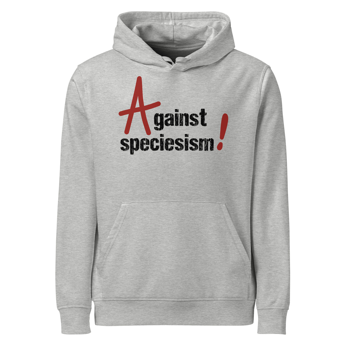 Hellgrauer Bio-Vegan Hoodie mit Kapuze, Kängurutasche und Aufdruck „Against speciesism!“