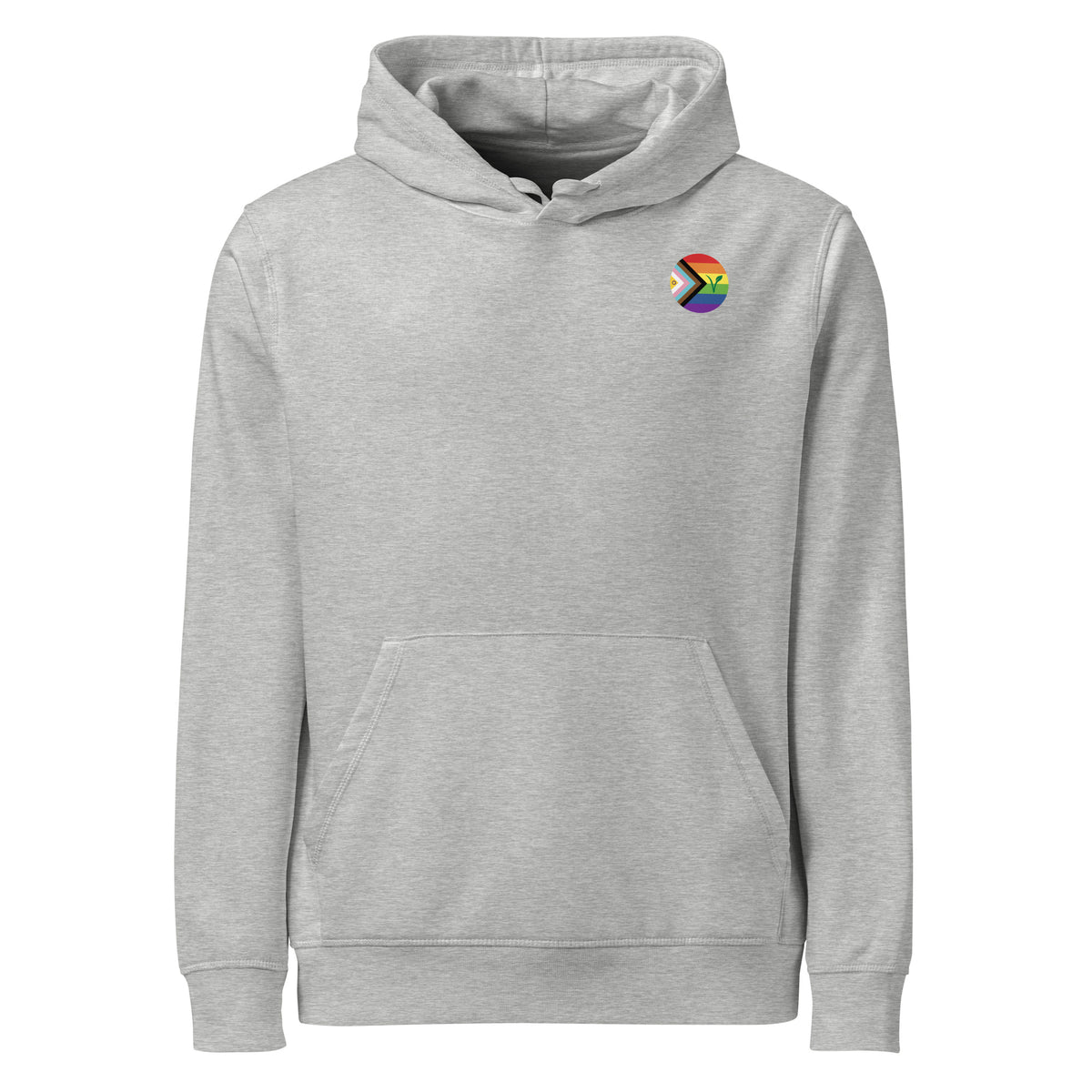 Hellgrauer Hoodie mit Kapuze, Kängurutasche und Regenbogen-Logo auf der Brust