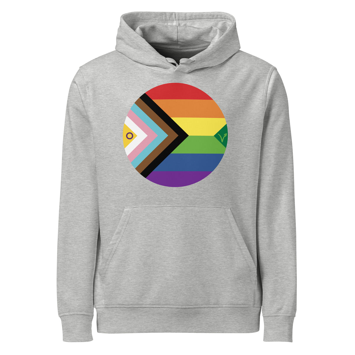 Hellgrauer Hoodie mit Kapuze und Regenbogen-Aufdruck im Kreis auf der Brust