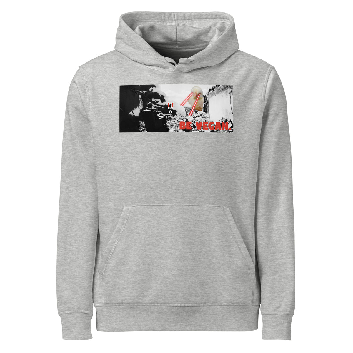 Hellgrauer Hoodie mit Kapuze, Frontmotiv und Kängurutasche