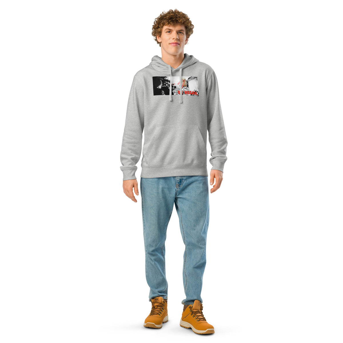 Grau melierter Hoodie mit Kapuze und Frontprint, getragen von einer Person