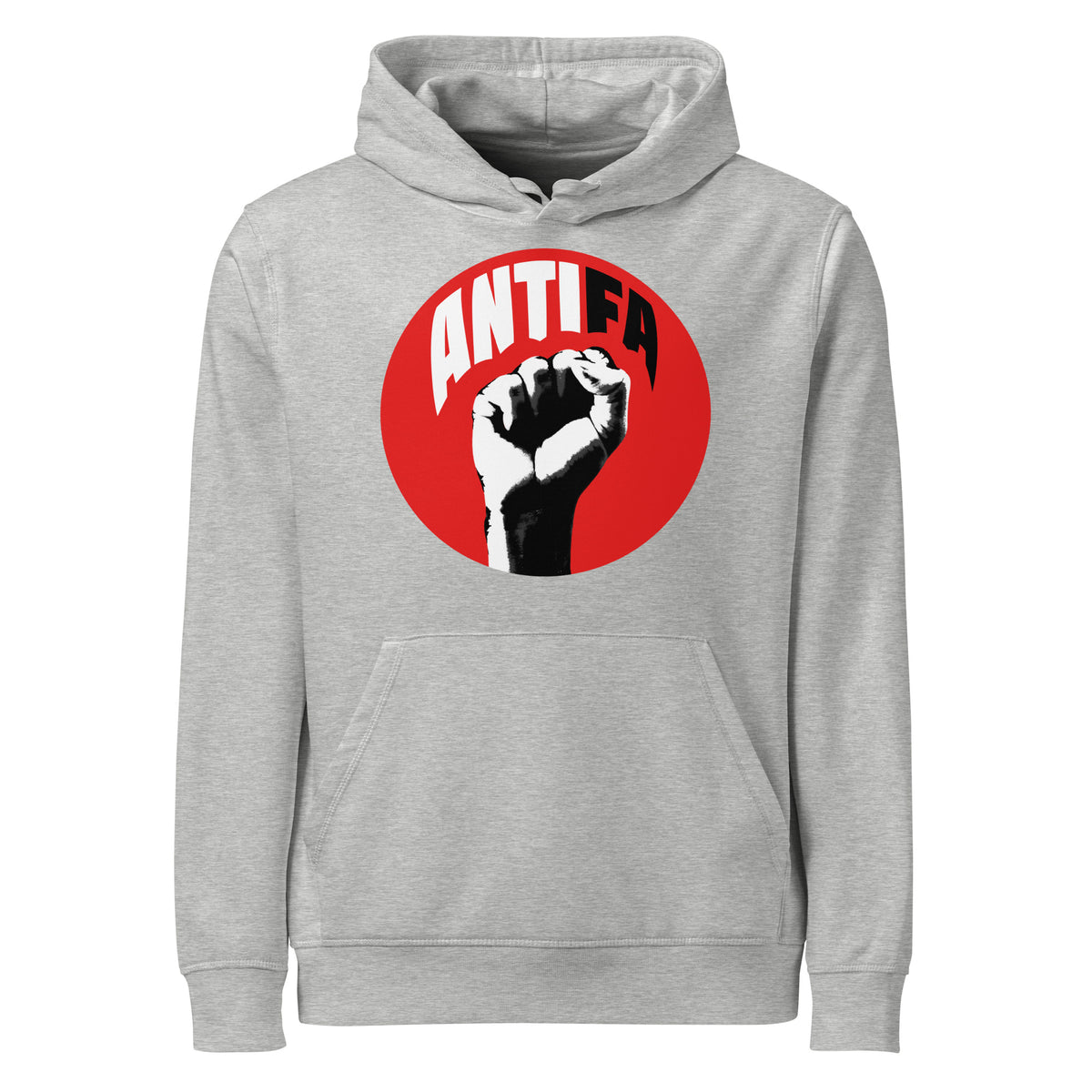 Hellgrauer Hoodie mit Kapuze und Frontdruck im roten Kreis (ANTIFA)
