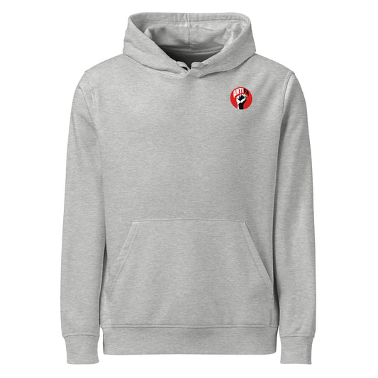 Heller Hoodie mit Kapuze und Kängurutasche, rotes rundes Logo-Emblem vorne