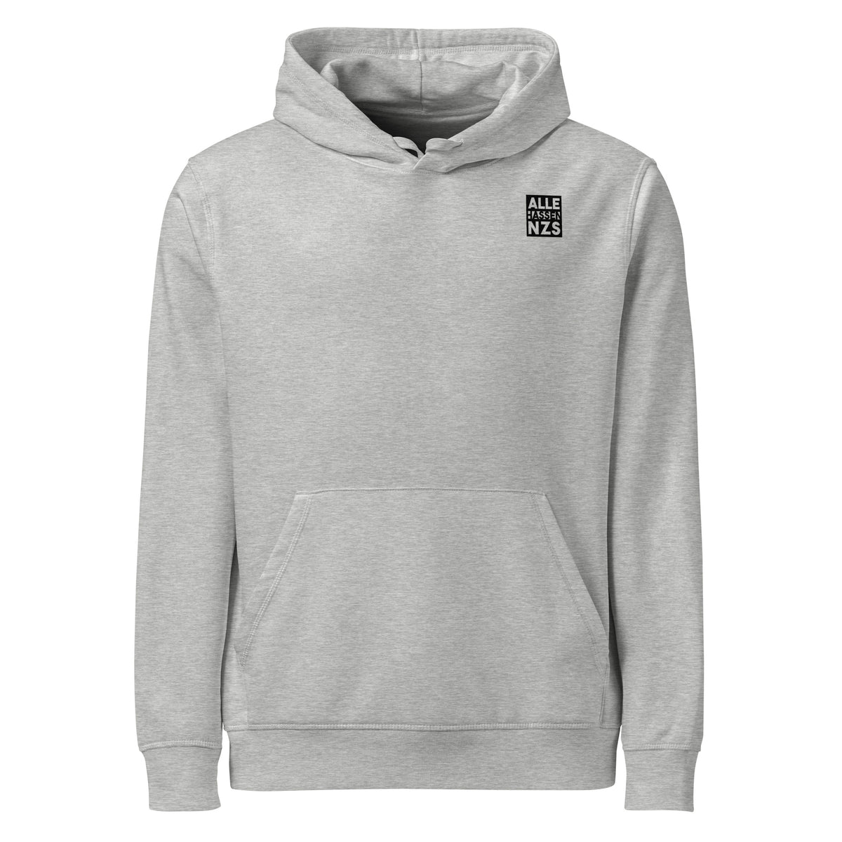 Hellgrauer melierter Hoodie mit Kapuze und Kängurutasche, Aufdruck „ALLE HASSEN NZS“