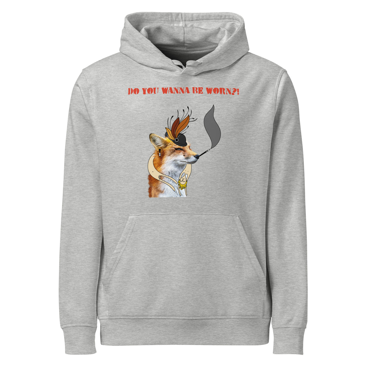 Hellgrauer Hoodie mit Kapuze, Kängurutasche und Fuchs-Print vorne