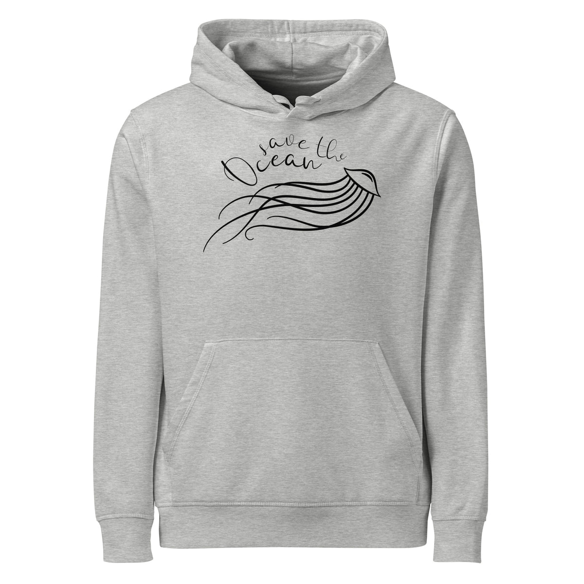 Hellgrauer Hoodie mit Kapuze, Kängurutasche und Meerestier-Print vorn