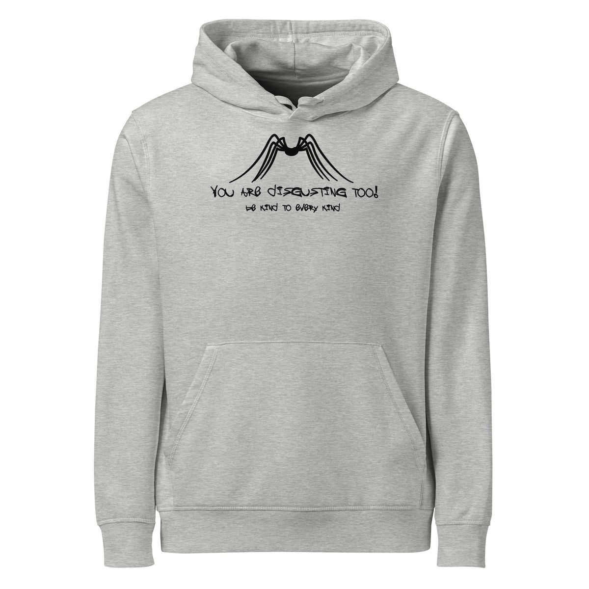 Grau melierter Hoodie mit Kapuze, Kängurutasche und Spinnen-Print auf der Brust