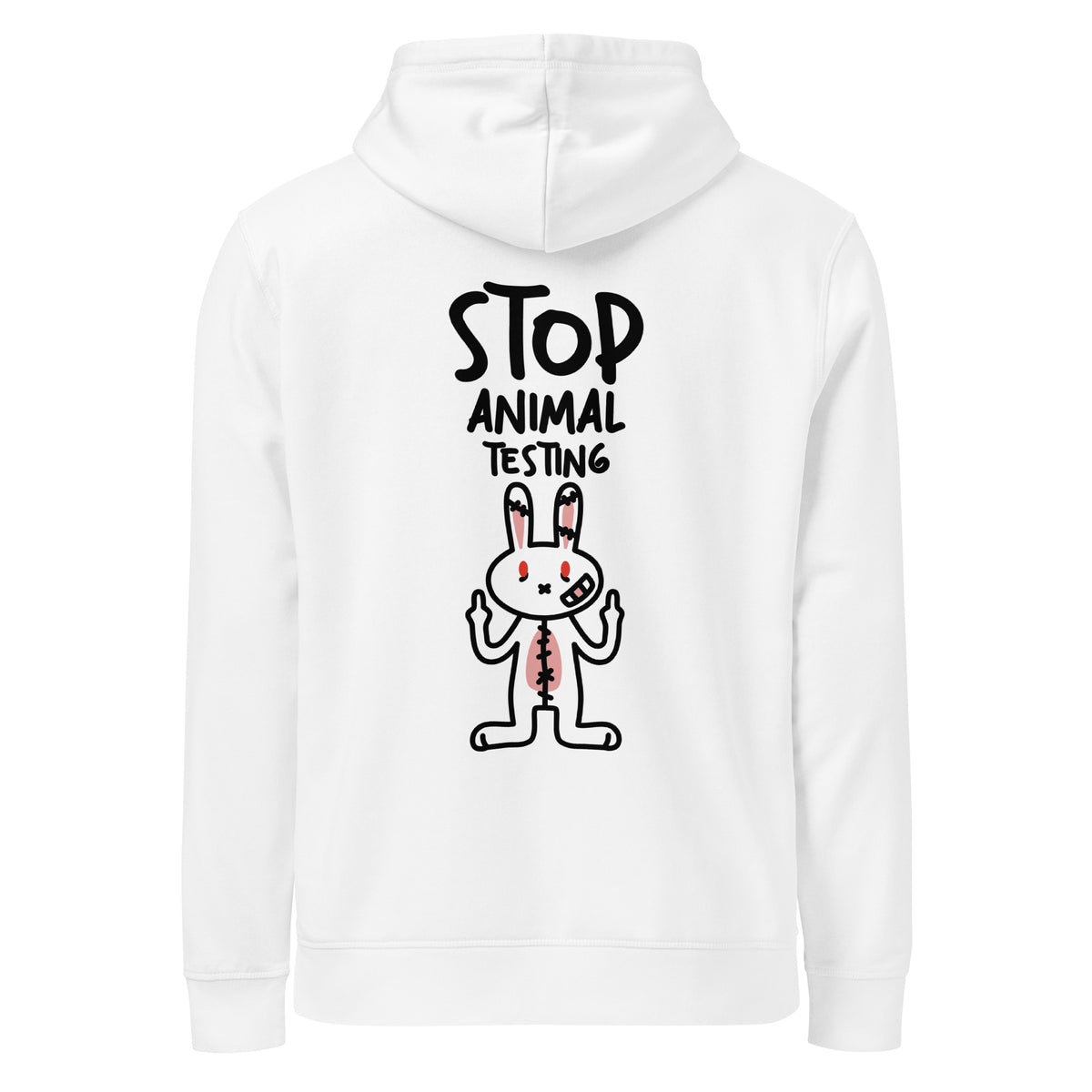 Weißer veganer Bio-Hoodie mit Kapuze und Frontaufdruck STOP ANIMAL TESTING