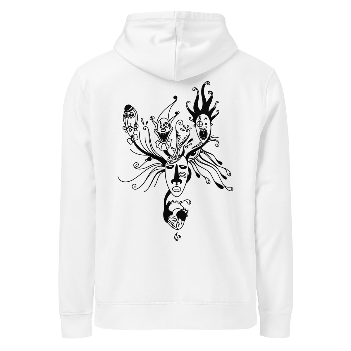 Weißer Hoodie mit Kapuze und schwarzem Maskenillustrationsprint auf dem Rücken