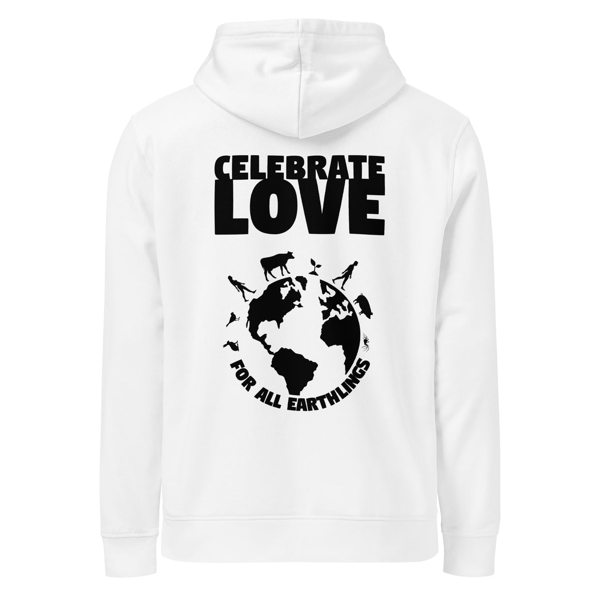 Weißer Hoodie mit Kapuze und großem Print „CELEBRATE LOVE“ auf der Vorderseite