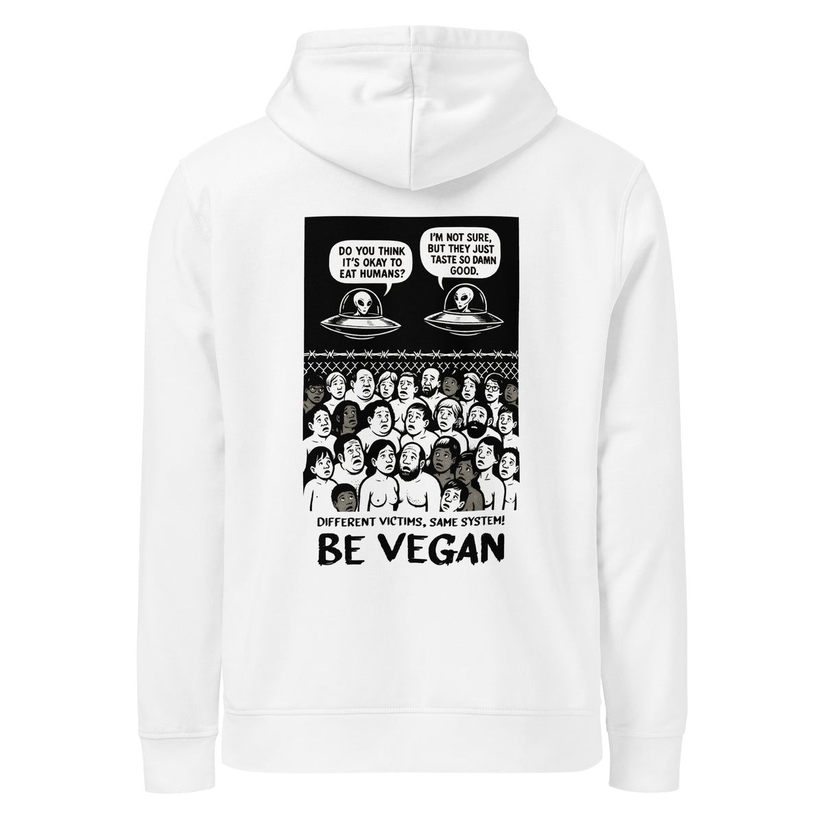 Weißer veganes Bio-Hoodie mit Kapuze und Reißverschluss, Alien-Print vorne