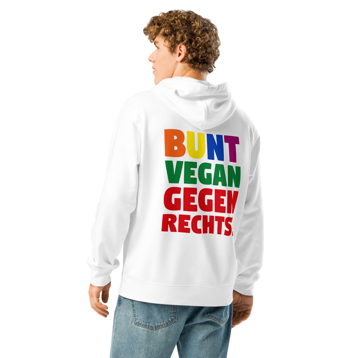 Weißer Hoodie mit großem Rückaufdruck „BUNT VEGAN GEGEN RECHTS!“