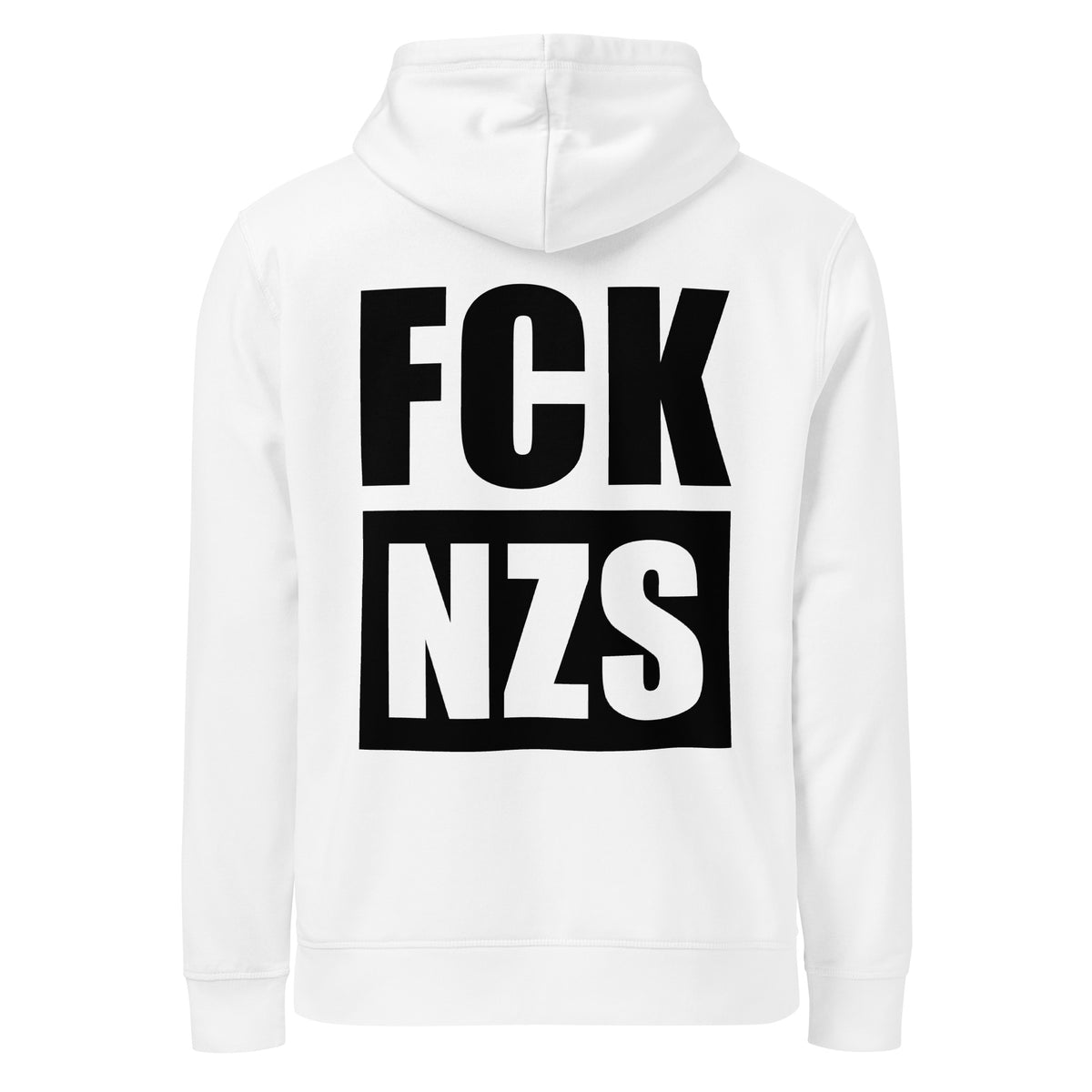 Weißer Hoodie mit Kapuze und Kängurutasche, Frontprint „FCK NZS“.