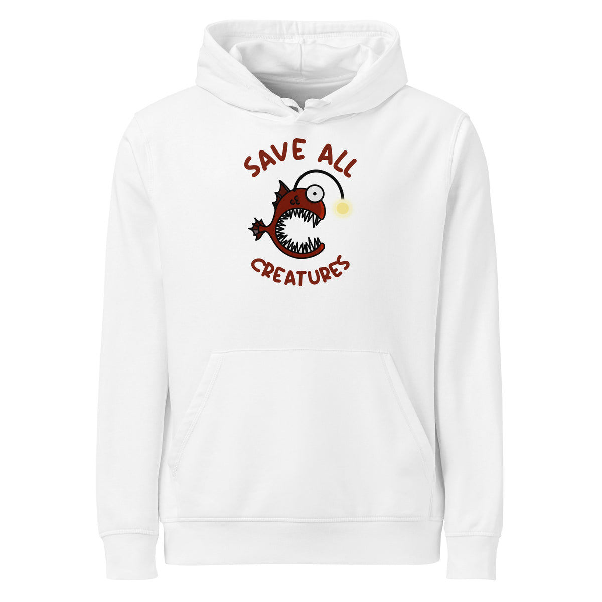 Weißer Hoodie mit Kapuze und Kängurutasche, bunter „Save all Creatures“-Aufdruck