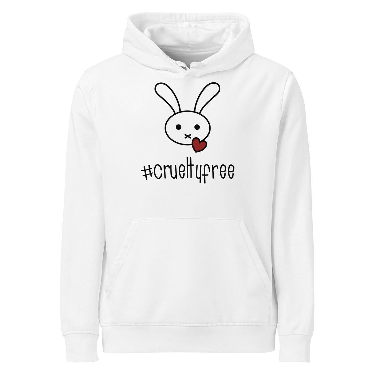 Weißer Bio-Baumwoll-Hoodie mit Hasen-Grafik, rotem Herz und #crueltyfree Schriftzug im Unisex-Design.