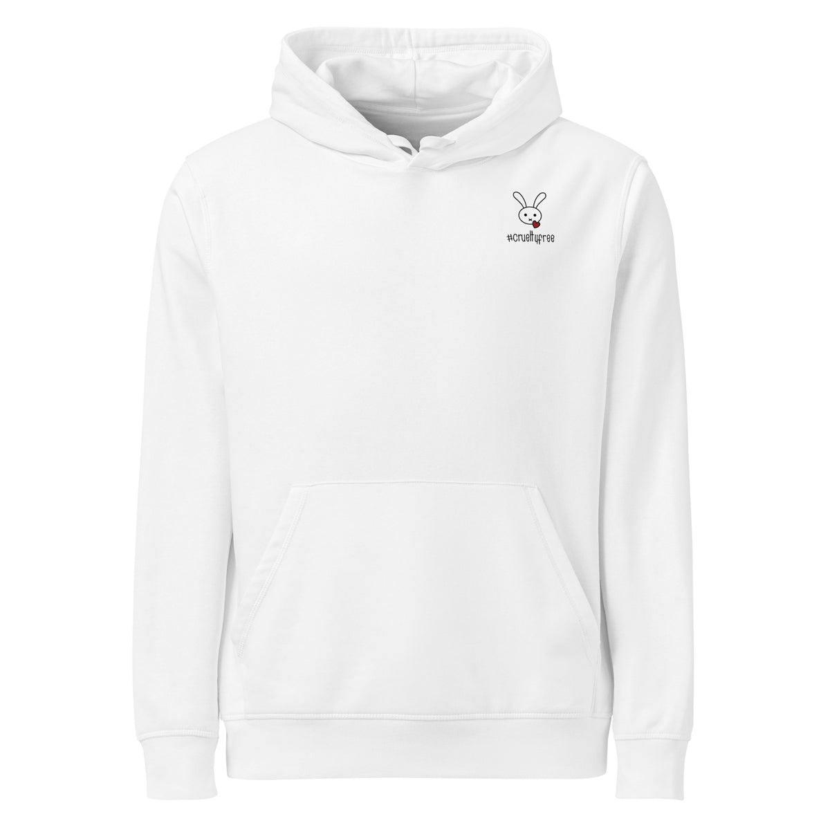 Weißer Unisex-Bio-Hoodie mit kleinem Hasen-Logo und #crueltyfree-Schriftzug auf der Brust.