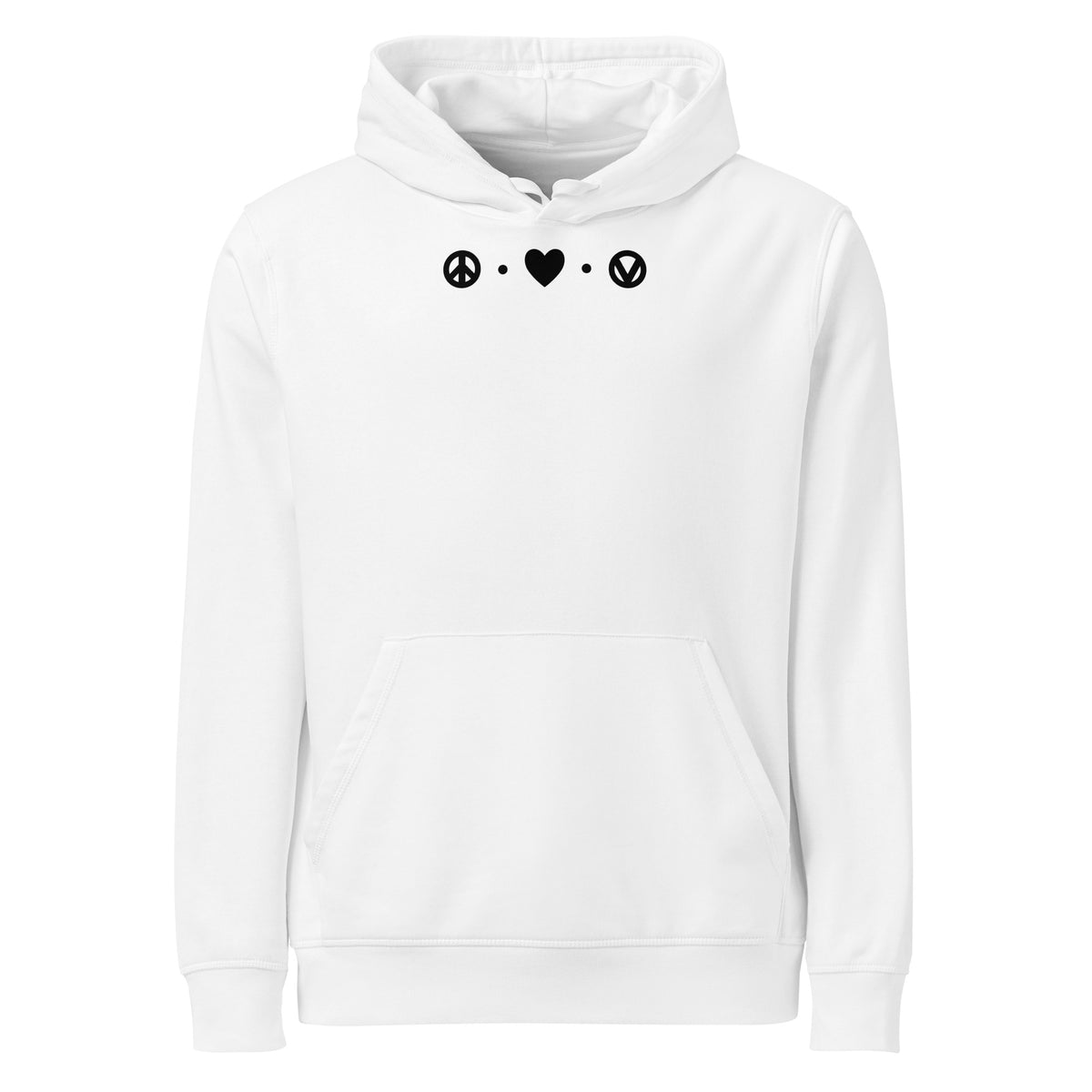 Weißer Hoodie mit Kapuze, Kängurutasche und Peace-/Herz-Print vorn.