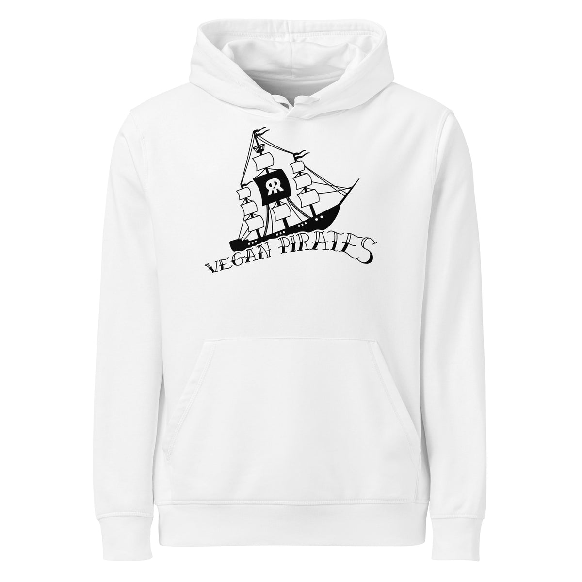 Weißer Hoodie mit Kapuze und Kängurutasche, Piraten-Frontdruck