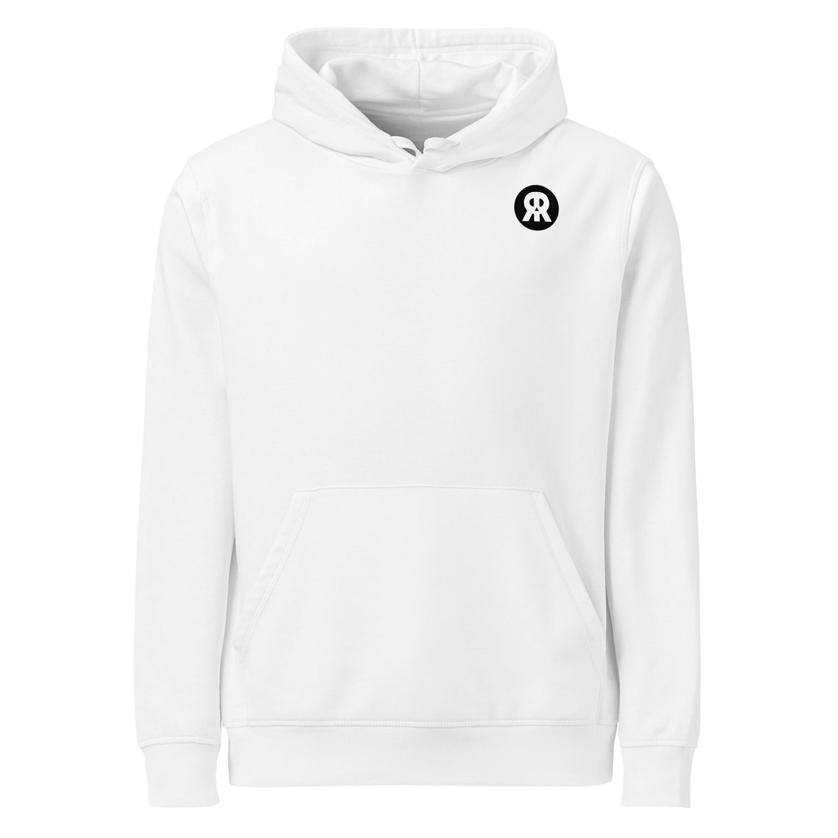 Weißer Hoodie mit Kapuze, Kängurutasche und kleinem Logo auf der Brust.
