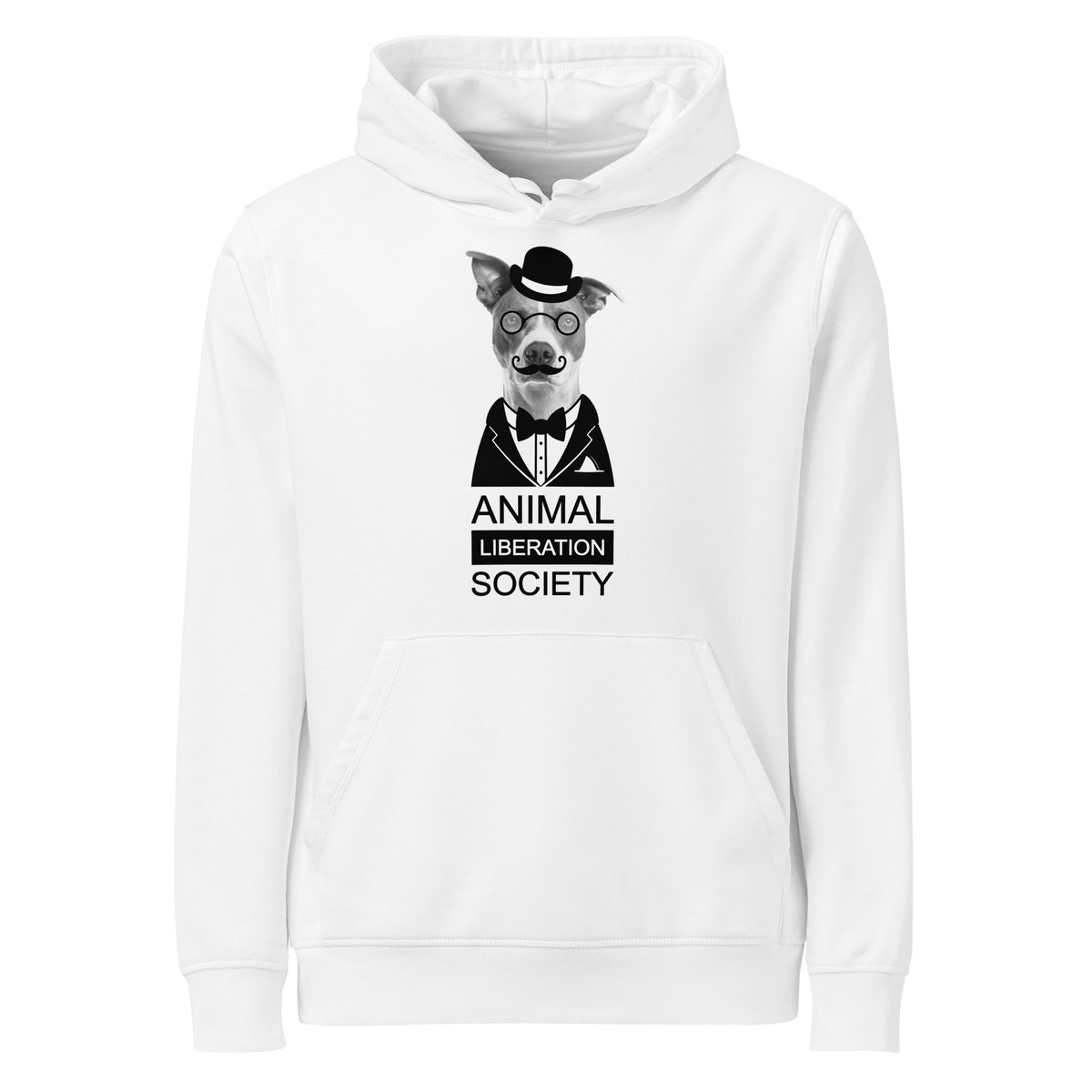Weißer Hoodie mit Kapuze und Kängurutasche, Aufdruck „Animal Liberation Society“.