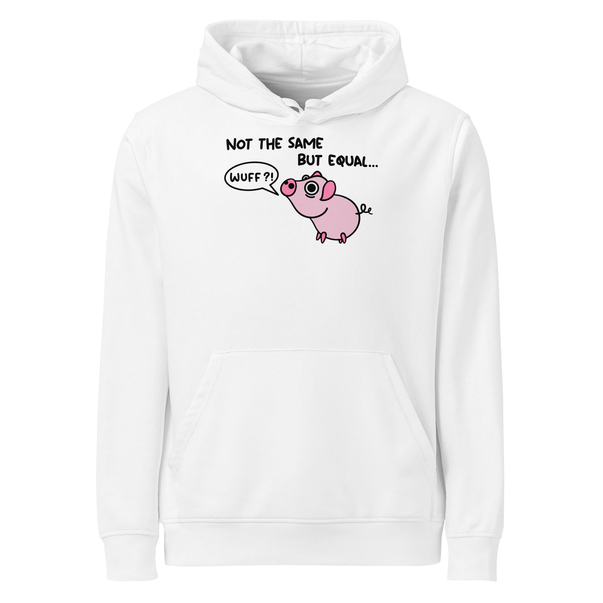 Veganer Bio-Hoodie, weiß: Kapuze, Kängurutasche, Schweinchen-Comicprint