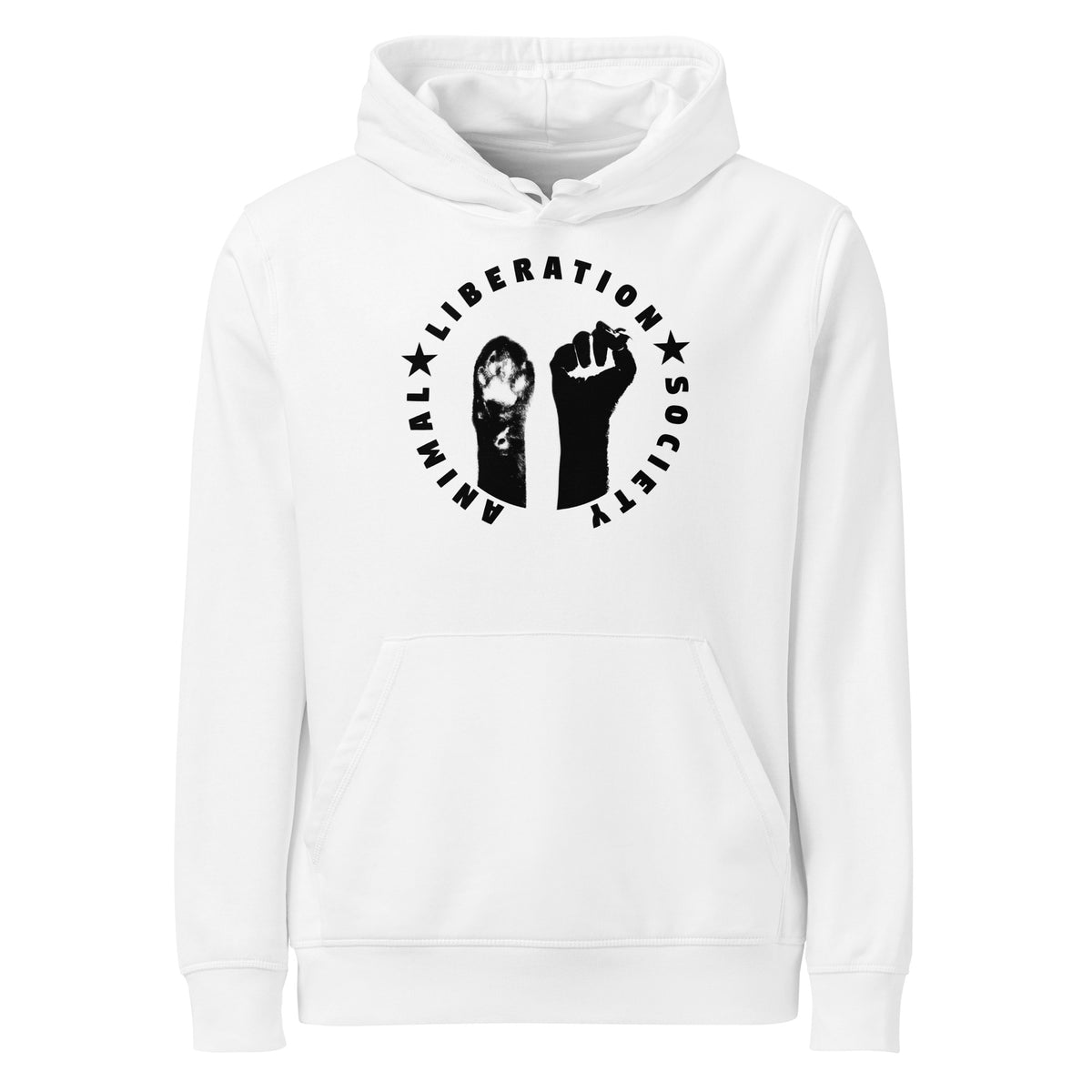 Weißer Bio-Hoodie mit Kapuze, Kängurutasche und Motiv mit Pfote und Faust