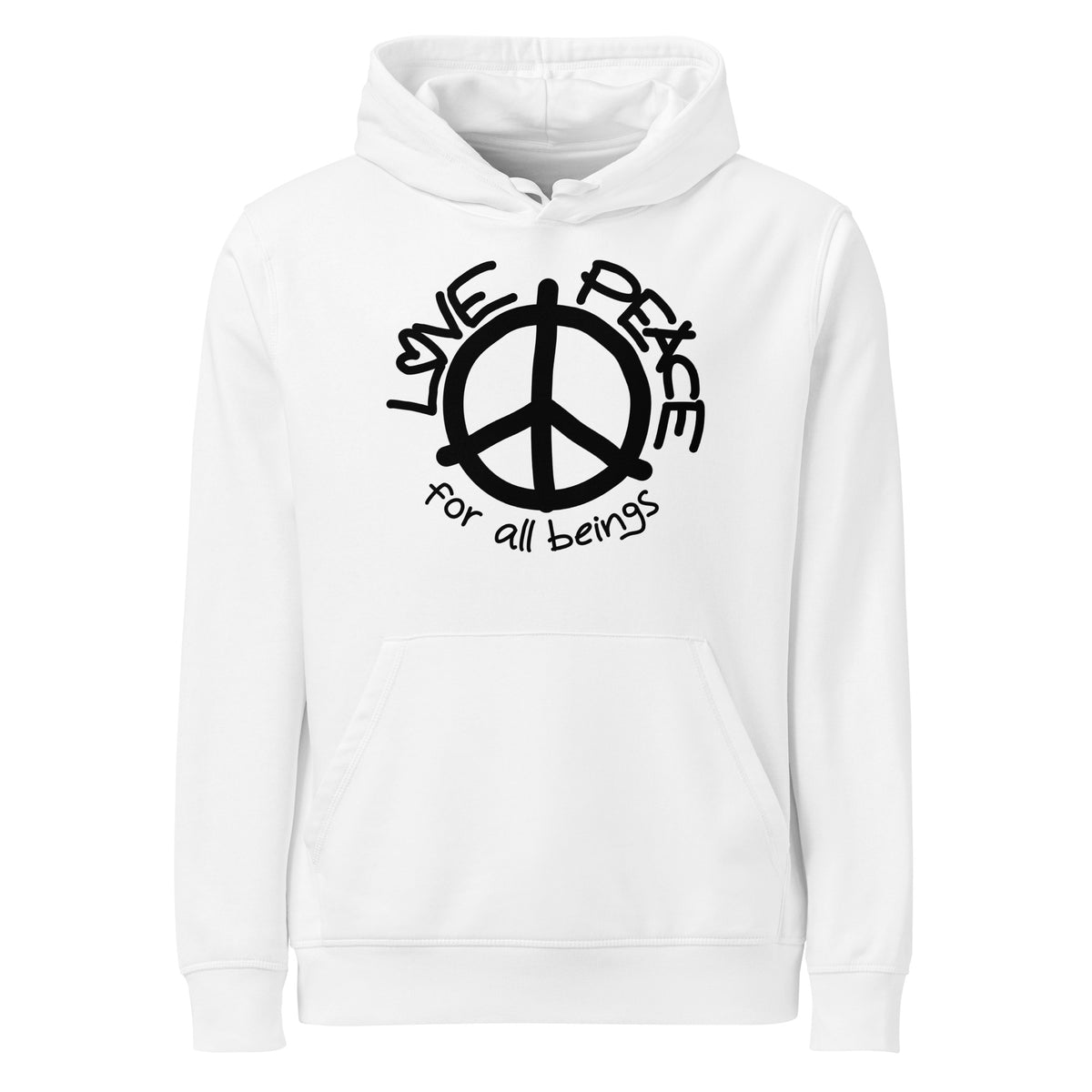 Weißer Hoodie mit Kapuze, Kängurutasche und Peace-Symbol-Logo