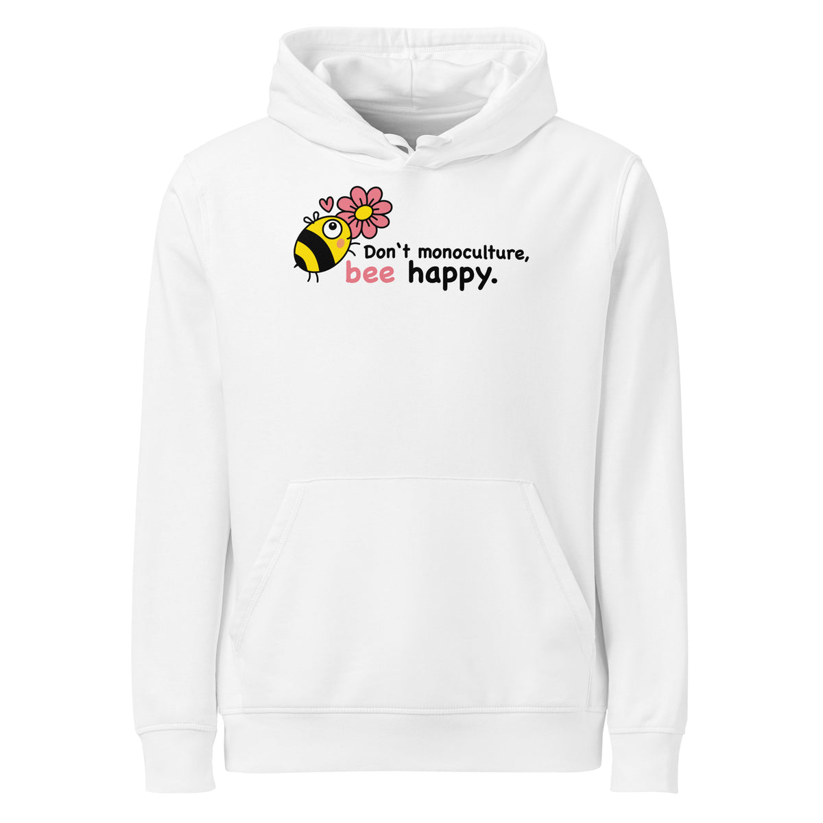 Weißer Hoodie mit Kapuze, Kängurutasche und Bienen-Aufdruck.