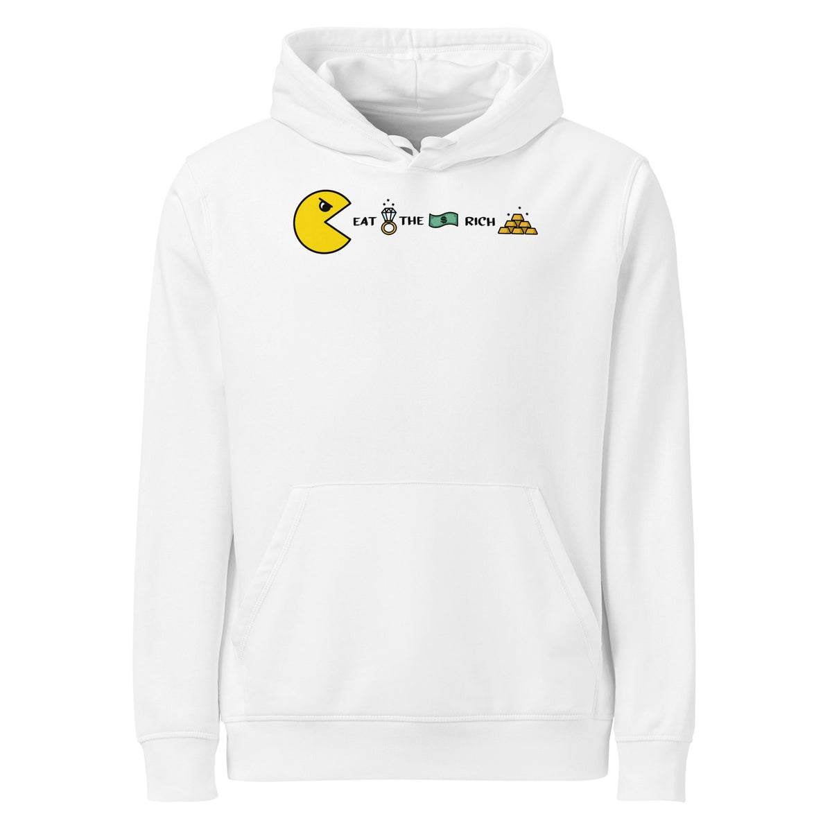 Weißer Hoodie mit Kapuze, Kängurutasche und „Eat the Rich“-Aufdruck