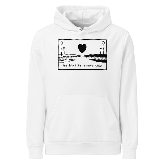 Weißer Bio-Hoodie mit Kapuze und Frontprint „be kind to every kind“