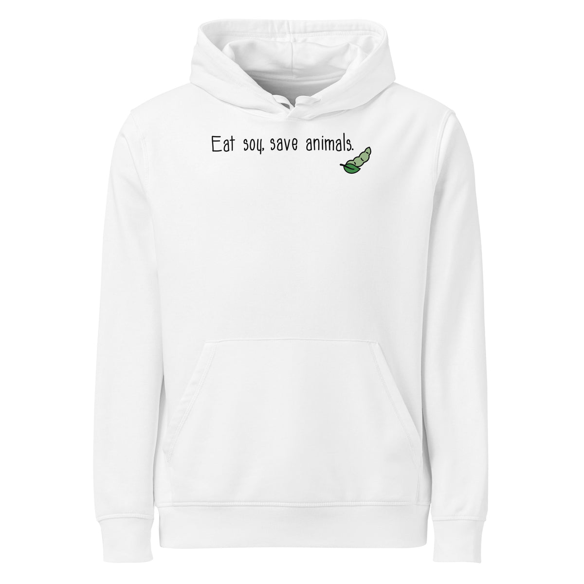 Weißer Hoodie mit Kapuze, Kängurutasche und grünem Schriftprint „Eat soy save animals“