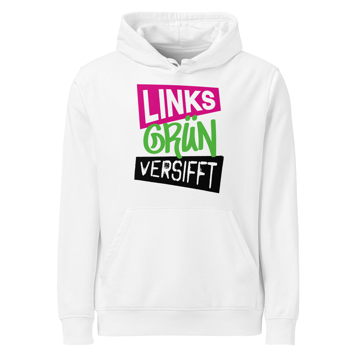 Weißer Hoodie mit Kapuze und Frontprint aus bunten Schriftzügen