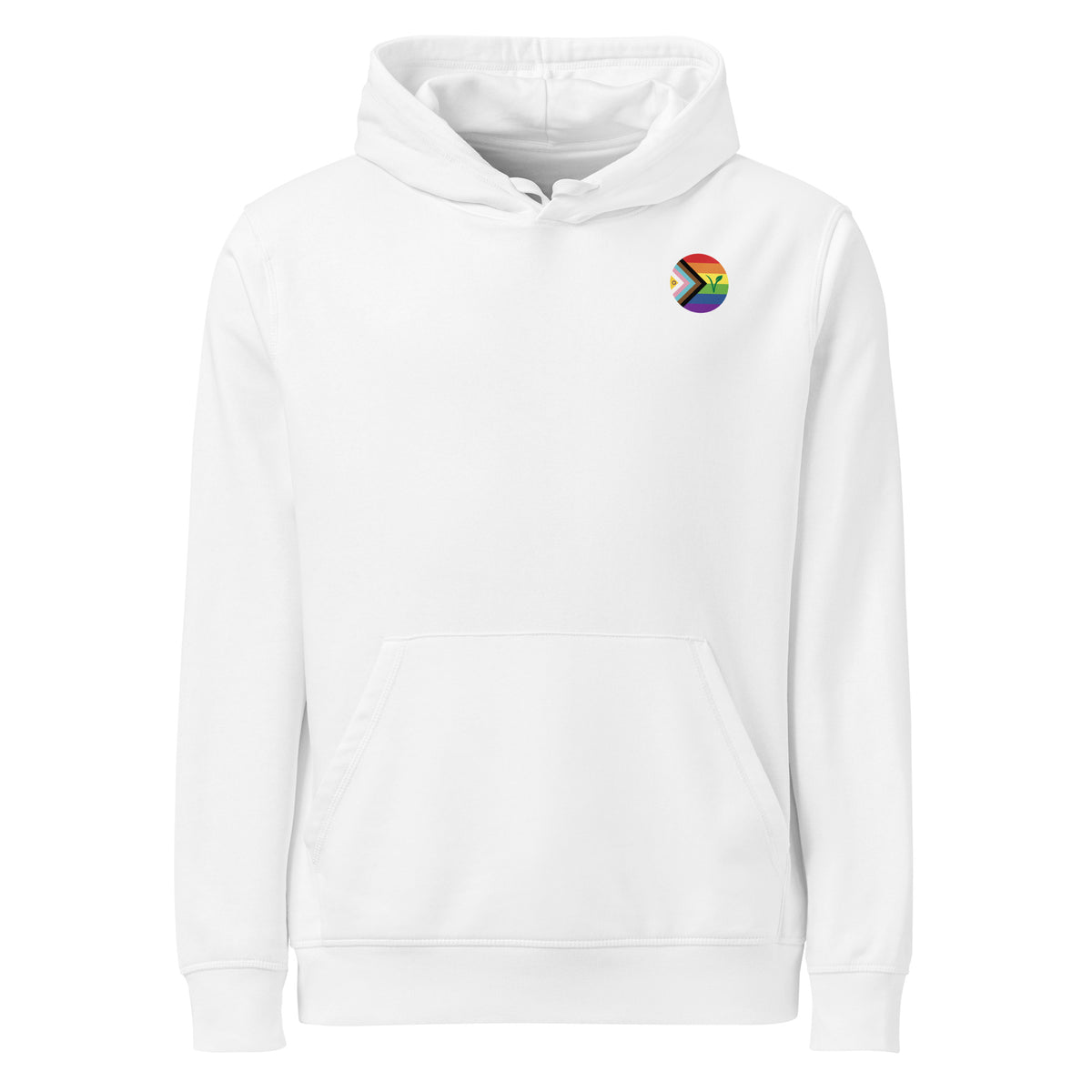 Weißer Hoodie mit Kapuze, Kängurutasche und Regenbogen-Logo auf der Brust