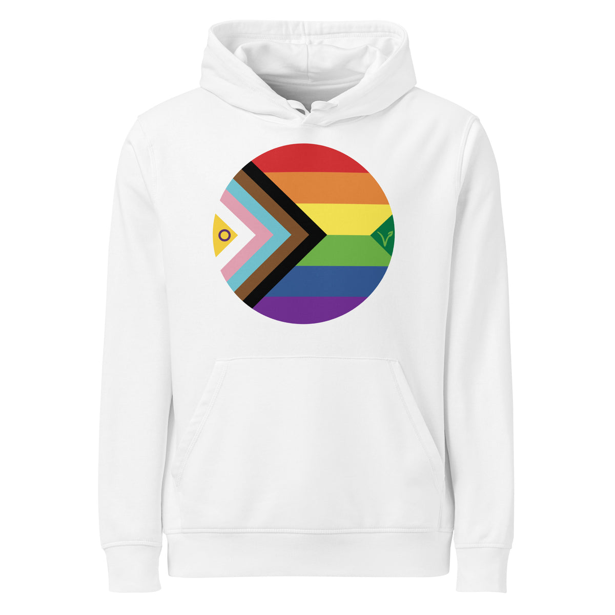 Weiße Hoodie mit Kapuze und Regenbogen-Aufdruck im Kreis auf der Brust