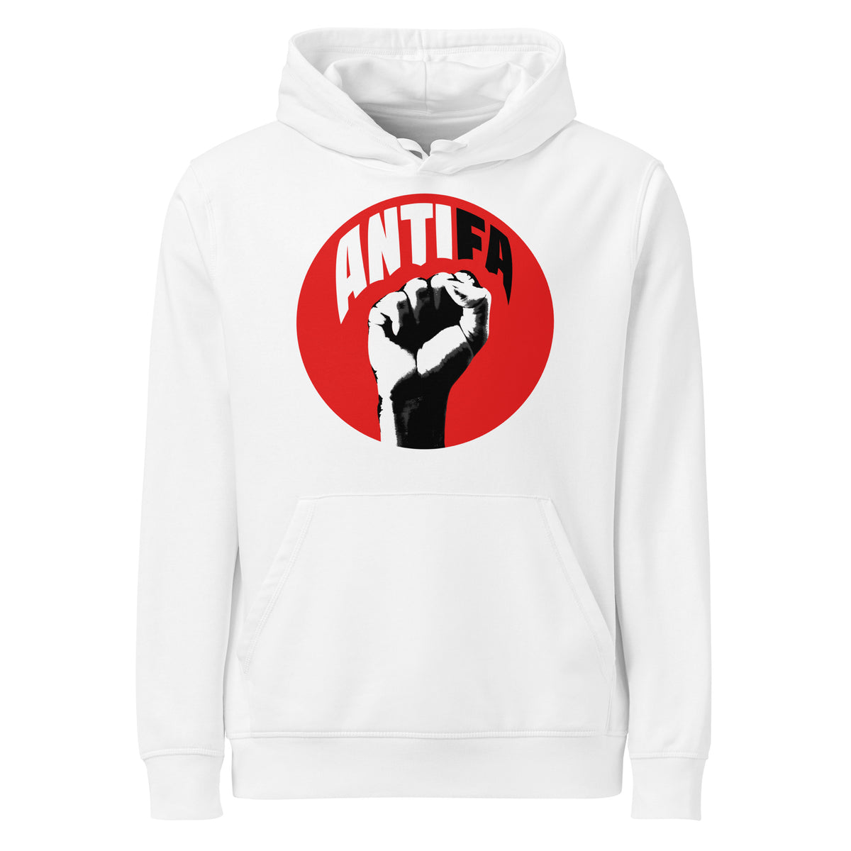 Weißer Hoodie mit Kapuze und Frontdruck im roten Kreis (ANTIFA)