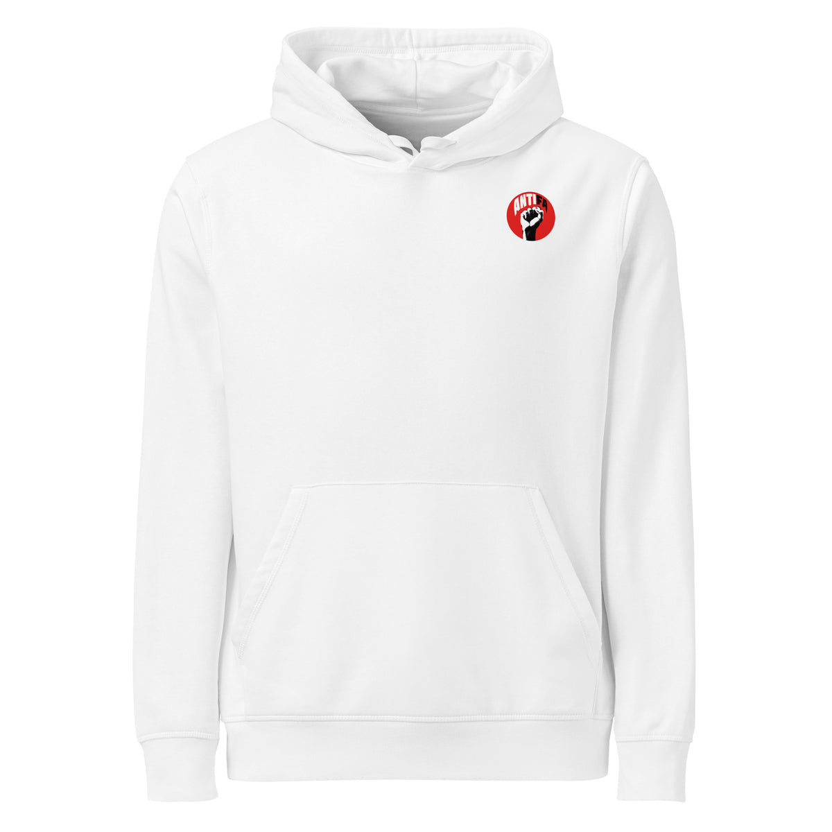 Weißer Hoodie mit Kapuze und Kängurutasche, rotes rundes Logo-Emblem vorne