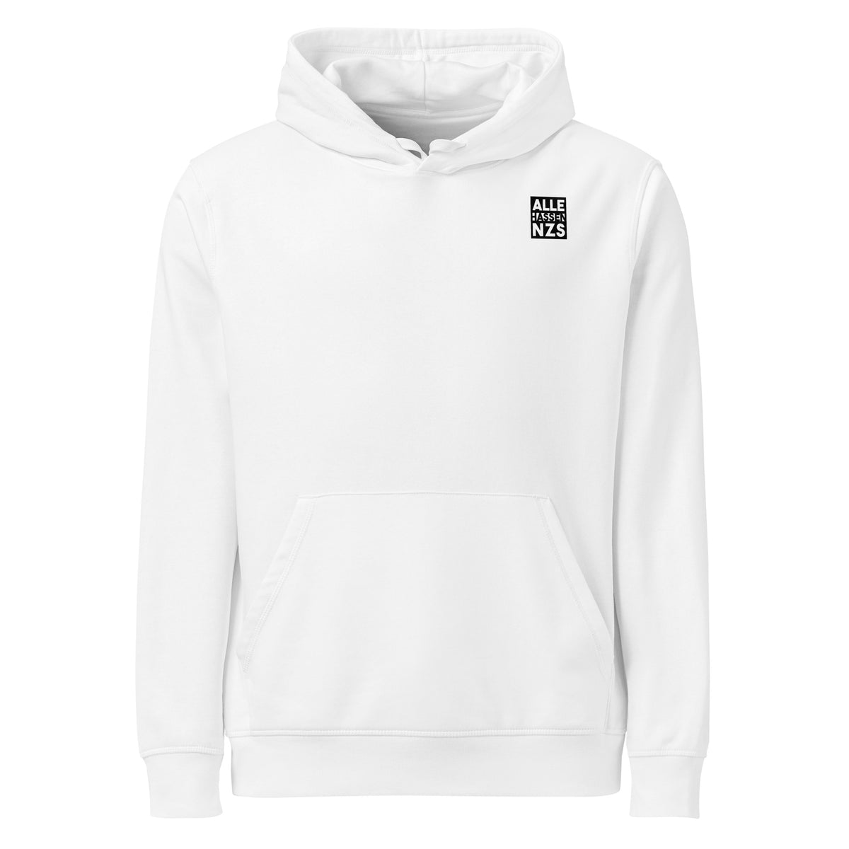 Weißer Hoodie mit Kapuze und Kängurutasche, Aufdruck „ALLE HASSEN NZS“