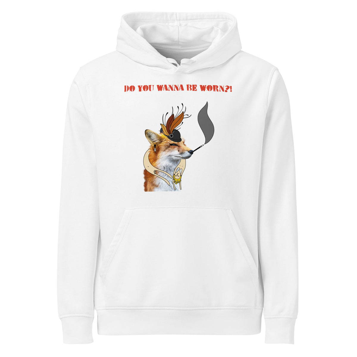Weißer Hoodie mit Kapuze, Kängurutasche und Fuchs-Print vorne