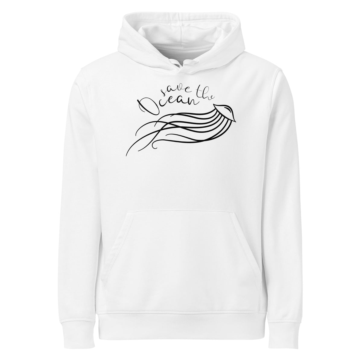 Weißer Hoodie mit Kapuze, Kängurutasche und Meerestier-Print vorn