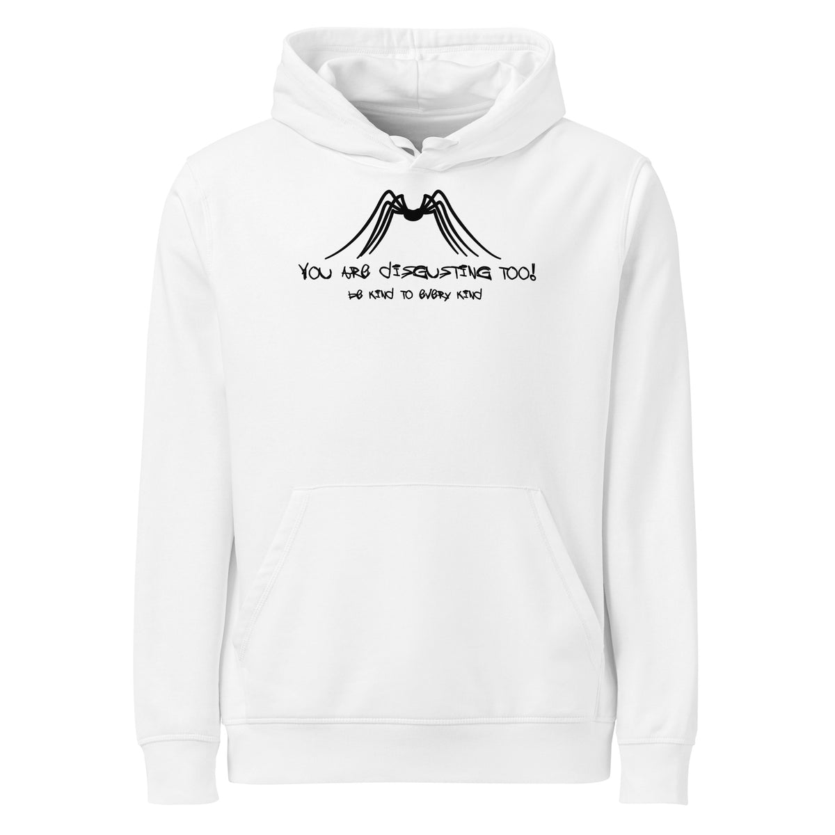 Weißer Hoodie mit Kapuze, Kängurutasche und Spinnen-Print auf der Brust