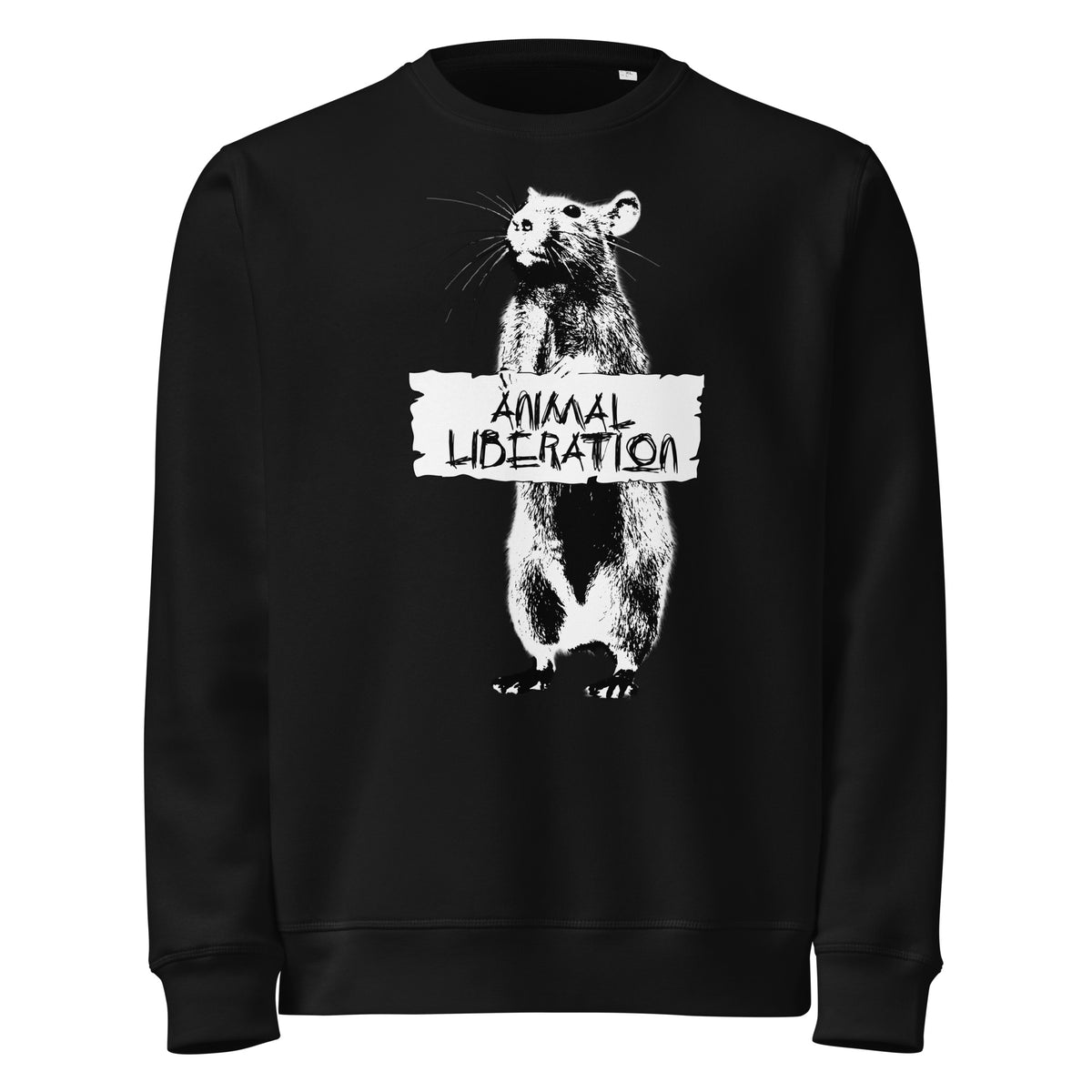 Veganes Bio-Sweatshirt, schwarz, Rundhalsausschnitt, Frontprint „Animal Liberation“