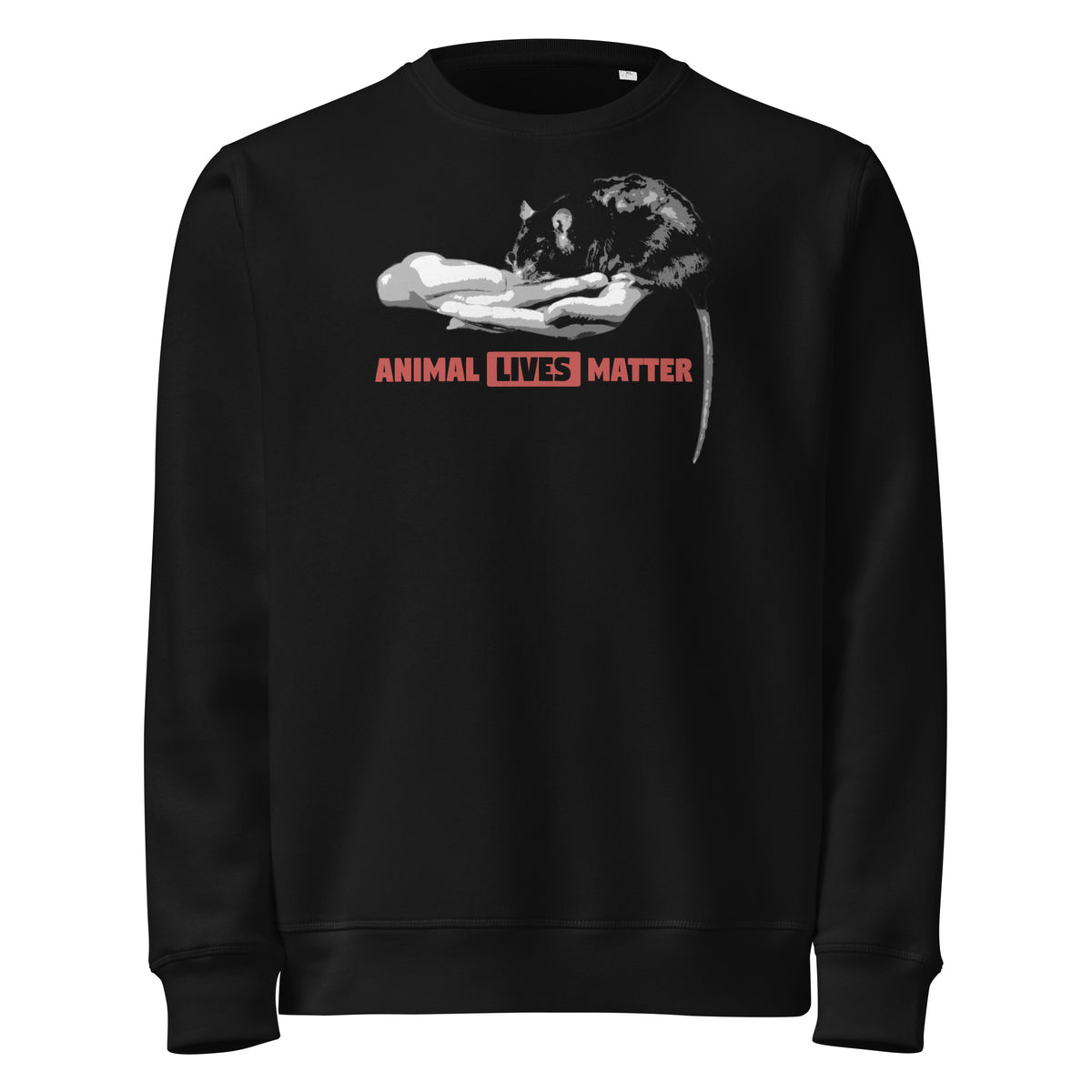 Veganes Bio-Sweatshirt: schwarzer Rundhalsausschnitt mit Tierprint vorne