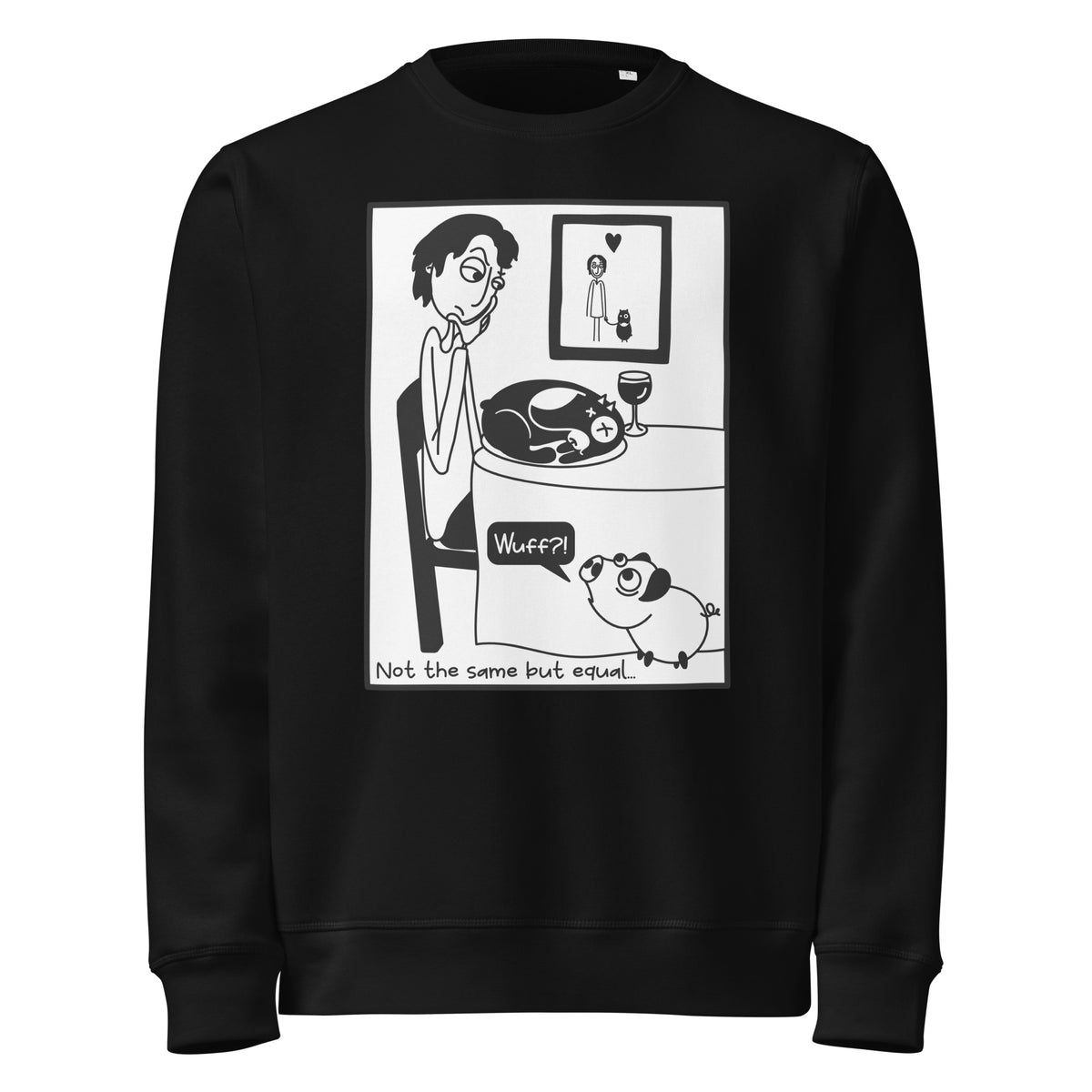 Schwarzer Sweatshirt mit großem Tiermotiv (Schwein und Hund) auf der Vorderseite